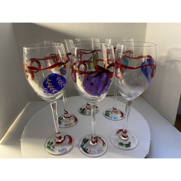 Lot Of 6 Hand-painted Christmas Stemware Wine Glasses Decorated With Ornaments - Picture 13 of 14